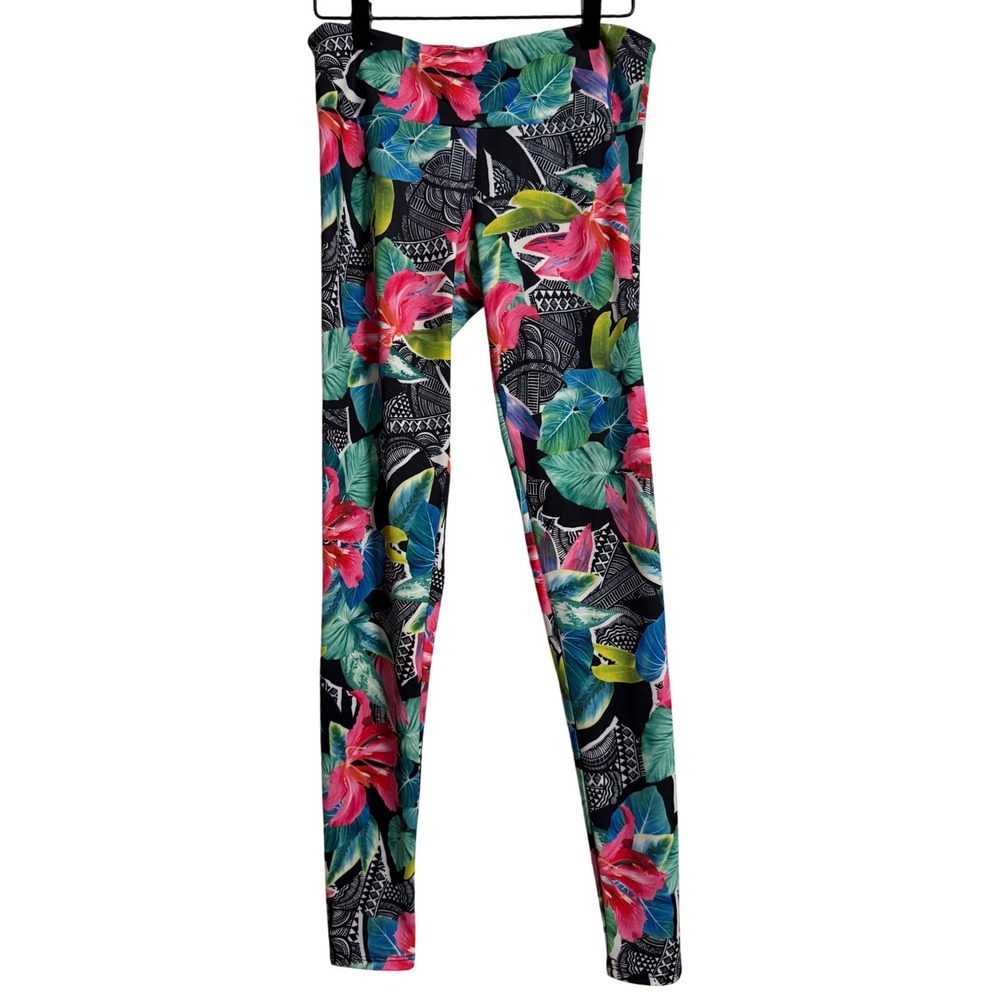 Onzie Womens Tropical Floral Tribal Graphic High Rise Leggings Black Pink M/L